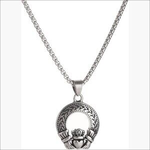 Stainless Steel Claddagh Pendant Necklace with Celtic Knotwork